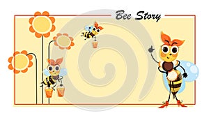 Bee Story. Hostess bee. Flowers honey. Swarm of bees collects honey. Poster with cute cartoon characters.