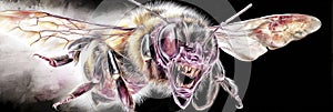 Bee with terrifying features against an ominous sky. photo