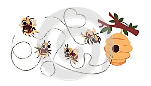 Bee trace. Cartoon flying honeybee dash route. Buzzing bumblebee and funny wasp drawing. Happy summer insects with