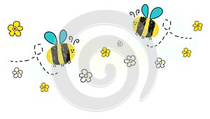 Bee vector with daisy flower banner background