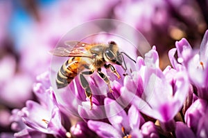 Bee wasp sitting on pink beautiful flower collects nectar gathering organic honey vibrant colorful summer natural beauty