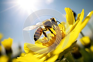 Bee wasp sitting on yellow beautiful flower collects nectar gathering organic honey vibrant summer natural beauty