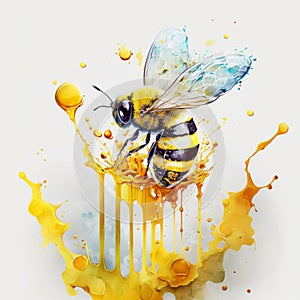 A bee on a white background. Drops of nectar flow down. Splashes of honey. Healthy sweet food for vegetarians and vegans