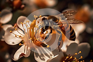 Bee at Work: Stunning Macro Shot of Bee on Delicate White Flower