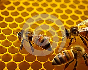 Bee are working on honeycomb. Two bees on a honeycomb with honey in the background