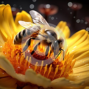 bee on yellow flower close-up, macro photo with shallow depth of field, Generative AI