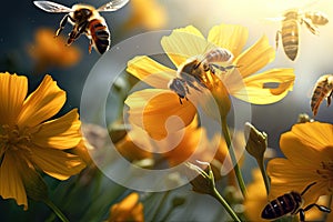 Bee on yellow flower. Honey bee on yellow flower. Macro photo, Bees flying over a beautiful yellow flower, AI Generated