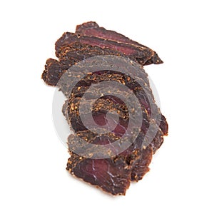 Beef Biltong South African Beef Jerky isolated on a white studio background.