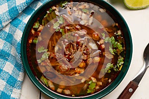 Beef birria consomme with chickpeas. Mexican food