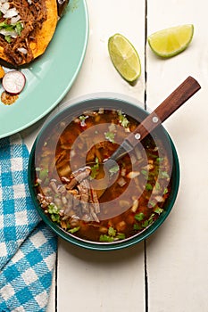 Beef birria consomme with chickpeas. Mexican food