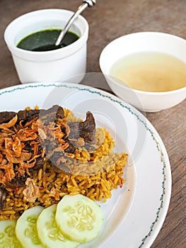 Beef biryani with green chutney