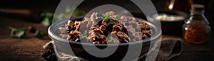 Beef And Black Bean Sauce On Stone Rustic Pub Wide Panoramic. Generative AI