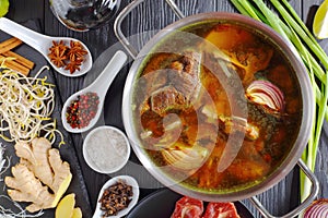 Beef bone broth in a pan photo