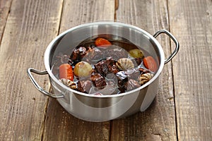 Beef bourguignon, beef stewed in red wine