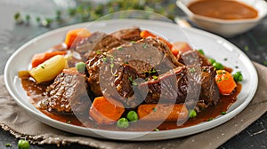 Beef Bourguignon with carrot and peas. French cuisine.