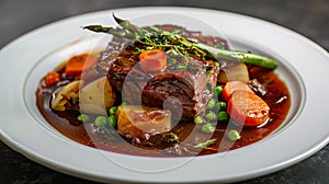 Beef Bourguignon with green peas and carrots in white plate.