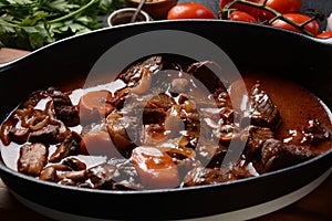 Beef Bourguignon in a pan. Stew with red wine