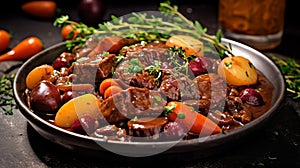 Beef bourguignon plate a traditional French beef stew in red wine sauce and vegetables