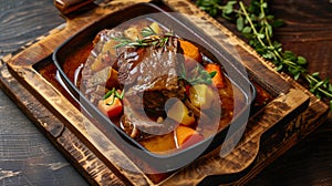 Beef Bourguignon stewed with potatoes and carrots on wooden background.