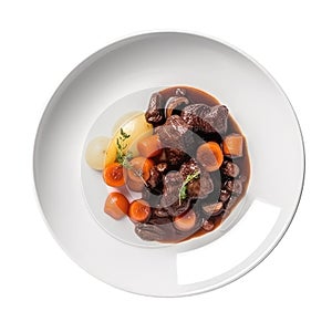 Beef Bourguignon On White Smooth Round Plate On Isolated Transparent Background French Dish. Generative AI
