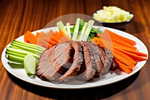beef brisket slices paired with julienned carrots and celery