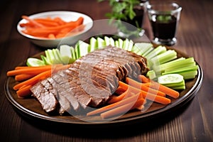 beef brisket slices paired with julienned carrots and celery