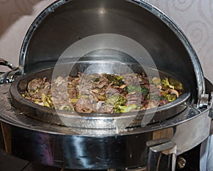 Beef and broccoli on the lunch buffet