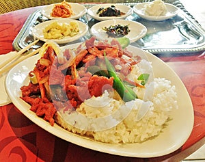 Beef bulgogi and rice with banchan