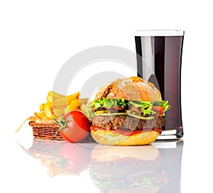 Beef Burger with Cola and French Fries on White Background