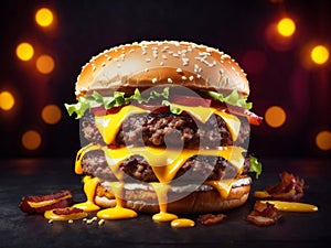 beef burger with crispy bacon and vegetables