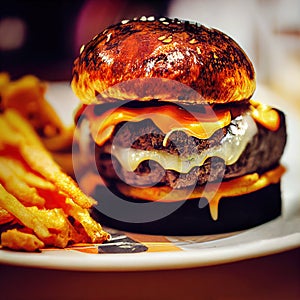 Beef burger with cutlet, cheese, green vegetables