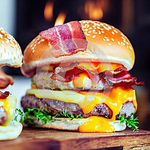 Beef burger with cutlet, cheese, green vegetables