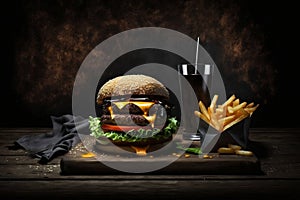 Beef Burger and French Fries Served on Wooden Table with Melted Cheese - Isolated on Black Background. Generative AI