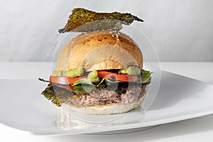 Beef burger with Japanese cuisine ingredients