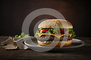 Beef burger on a plate on a dark wooden table close-up. Classic cheeseburger with lettuce. Rustic style. Image is AI generated