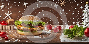 Beef burger with salad leaf,cherry tomatoes,cheese on white wooden table with snowy background.Christmas New Year Banner