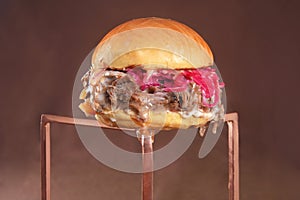 beef burger sandwich brioche bun with melted cheese, lettuce, tomato, mayonnaise and bread delicious fast food traditional snack photo