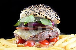 beef burger sandwich with french fries salad and cheese