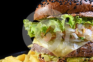 beef burger sandwich with french fries salad and cheese