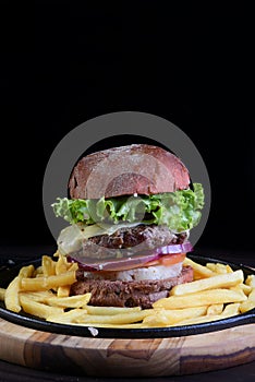 beef burger sandwich with french fries salad and cheese