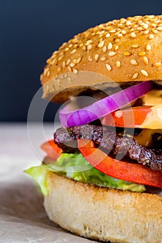 Beef burger with tomato, salad, onion, pepers and cheese