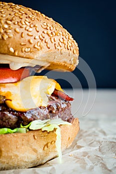 Beef burger with tomato, salad, onion, pepers and cheese