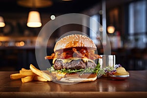 Beef burgers with french fries, cafe on background