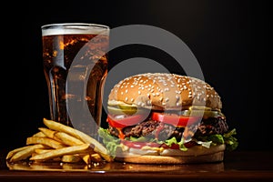 Beef burgers with french fries and drink soda, black background