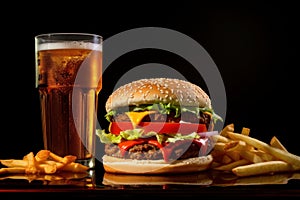 Beef burgers with french fries and drink soda, black background