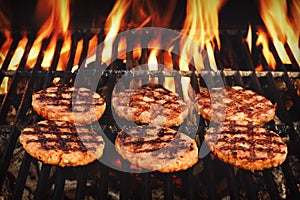 Beef Burgers On The Hot Flaming BBQ Charcoal Grill