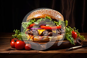 Beef burgers with sauce on wooden cutting board, dark background