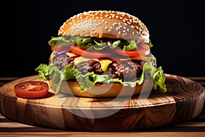 Beef burgers with sauce on wooden cutting board, dark background