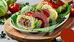 Beef Cabbage Rolls Plated on Rustic Cutting Board