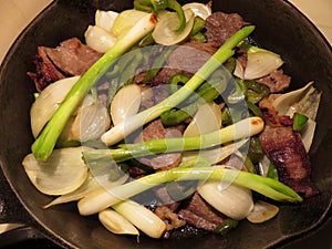 Beef Cecina, Spring Onions, Onions and Green Pepper photo